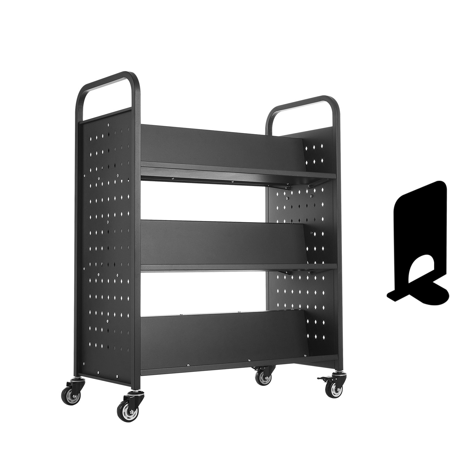 3-tier Rolling Book Cart Double Sided W-shaped Shelving Unit Black_voghion.com